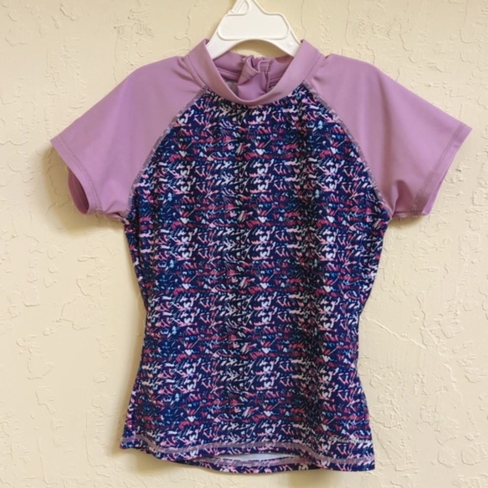 Eddie Bauer Girl's Back Zip Purple Short Sleeve Rash Guard Swim Shirt Small 7/8